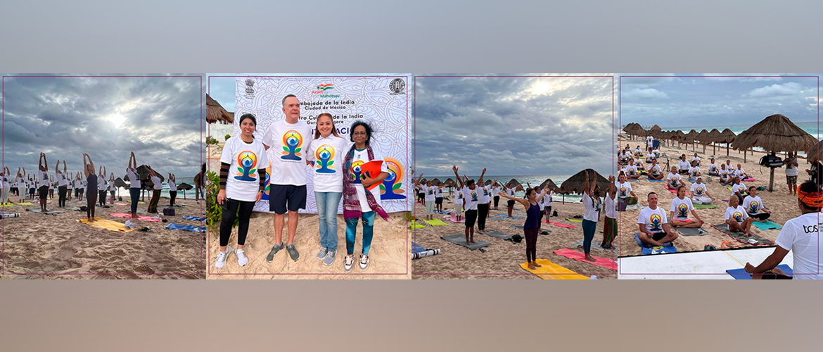  <div style="fcolor: #fff; font-weight: 600; font-size: 1.5em;">
<p style="font-size: 13.8px;">International Day of Yoga 2022
<br>
Embassy of India and Gurudev Tagore Indian Cultural Centre in association with Instituto Municipal del Deporte de Benito Juarez conducted yoga practice at the beautiful beach of Playa Delfines in Cancun. 

<br /><span style="text-align: center;">20 June 2022</span></p>
</div>

