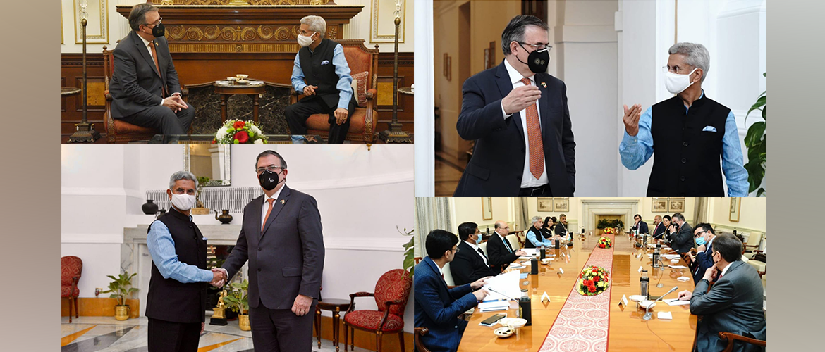  <div style="fcolor: #fff; font-weight: 600; font-size: 1.5em;">
<p style="font-size: 13.8px;">External Affairs Minister of India Dr.S.Jaishankar welcomed Foreign Minister of Mexico H.E.Marcelo Ebrard to India and had productive discussion with him on various fields of cooperation.
Discussion mainly focused upon growing trade and investment, health, science & technology and space sector cooperation between India and Mexico. <br /><span style="text-align: center;">30 March 2022</span></p>
</div>