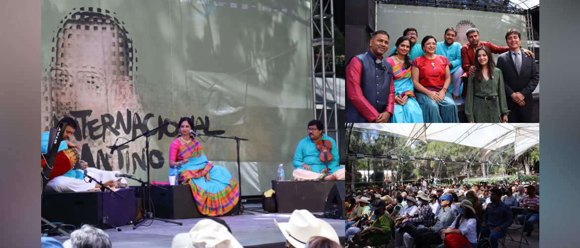  <div style="fcolor: #fff; font-weight: 600; font-size: 1.5em;">
<p style="font-size: 13.8px;">Beautiful city of Guanajuato comes alive with Carnatic music by ICCR designated Manasi Prasad and group. 

Second Secretary Ms.Vallari Gaikwad from Embassy of India thanked H.E.  Ms. Alejandra Frausto, Hon'ble Secretary of Culture, Govt of Mexico and Ms. Gabriela Mora, Programme Assistant, Cervantino for giving opportunity to showcase Indian classical music at renowned Cervantino Festival.
<br /><span style="text-align: center;">14 October 2022</span></p>
</div>