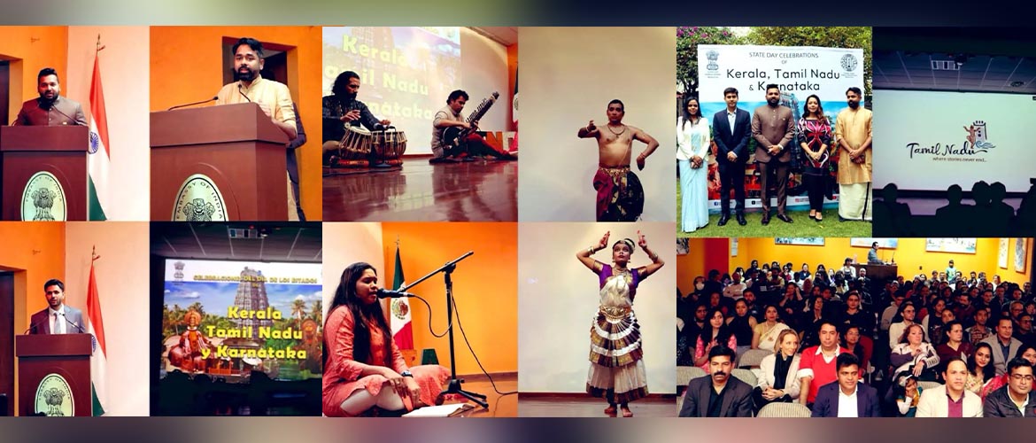  <div style="color: #fff; font-weight: 600; font-size: 1.5em;">
<p style="font-size: 13.8px;"> Celebrated the diversity of states of Kerala,Karnataka & Tamil Nadu!

Embassy of India & Gurudev Tagore Indian Cultural Center organized the state day celebration with participation of Indian diaspora & friends from Mexico. 

An Indian bazaar & doll exhibition portraying these 3 states was also set up.

Cultural performances included classical dances like Bharatnatyam & Mohiniyattam,Carnatic vocal, instrumental music and brilliant dance performances by children from Indian diaspora. 

The investment & tourism potential of the 3 states was promoted through presentations & videos.


<br /><span style="text-align: center;">01.12.2023</span></p>
</div>
