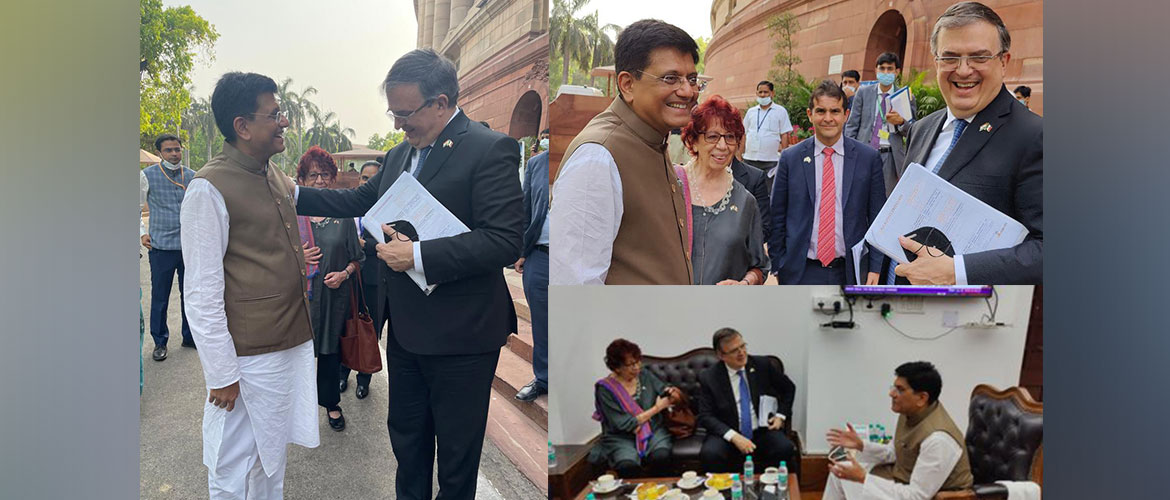  <div style="fcolor: #fff; font-weight: 600; font-size: 1.5em;">
<p style="font-size: 13.8px;">During his visit to India along with a high level delegation, Foreign Minister of Mexico H.E. Mr.Marcelo Ebrard met Honorable Minister of Commerce and Industry of India Mr.Piyush Goyal who is also India's G-20 Sherpa. 
 
They discussed upon exploring new investments and trade opportunities and further cooperation as members of G-20.

<br /><span style="text-align: center;">31 March 2022 </span></p>
</div>

