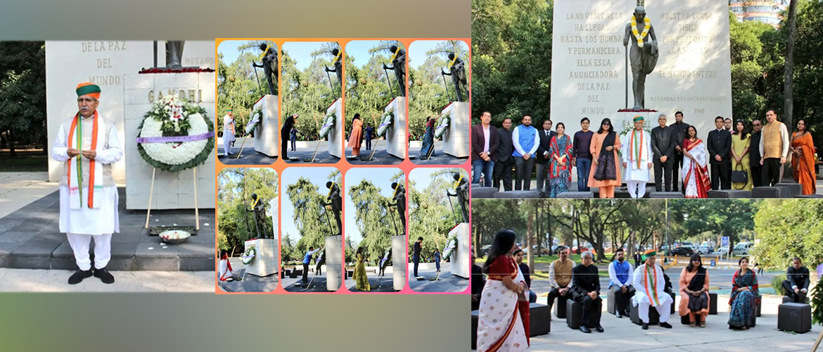  <div style="fcolor: #fff; font-weight: 600; font-size: 1.5em;">
<p style="font-size: 13.8px;">Hon'ble Minister of State for Parliamentary Affairs & Culture Shri Arjun Ram Meghwal , Ambassador Pankaj Sharma & Embassy officials paid floral tributes to Mahatma Gandhiji.
<br /><span style="text-align: center;">02 October 2022</span></p>
</div>