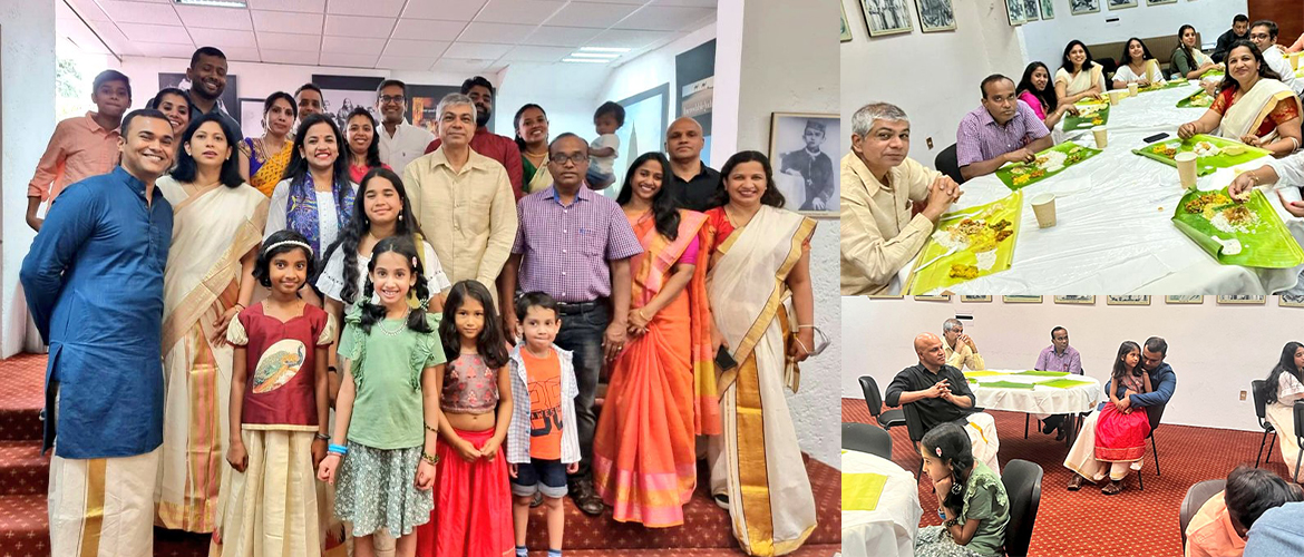  <div style="fcolor: #fff; font-weight: 600; font-size: 1.5em;">
<p style="font-size: 13.8px;">Ambassador Pankaj Sharma, SS (Pol & Culture) Juhi Rai & SS (Consular) V.V.S  Shetty attended a ‘Sadhya’ lunch served on banana leaves, organized by the Malayali community in Mexico at the Embassy Auditorium to celebrate the harvest festival of Vishu. 
<br /><span style="text-align: center;">24 April 2022</span></p>
</div>

