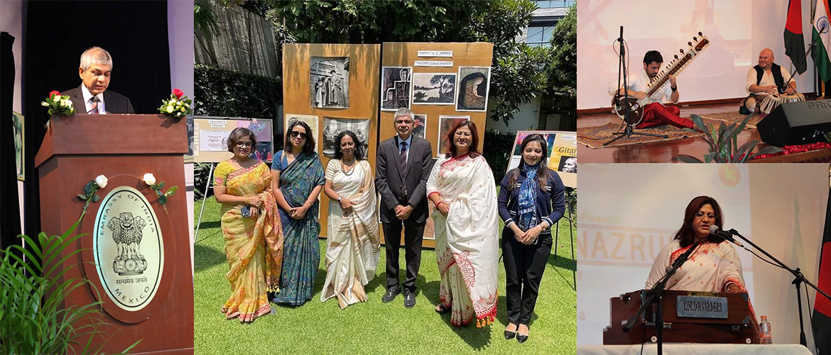  <div style="fcolor: #fff; font-weight: 600; font-size: 1.5em;">
<p style="font-size: 13.8px;">Embassy of India led by Ambassador Pankaj Sharma and Embassy of Bangladesh led by H.E. Ambassador  Abida Islam together celebrated birth anniversaries of two legendary poets- Rabindranath Tagore from India and Nazrul Islam from Bangladesh exhibiting the cultural confluence between these two countries. 

The tribute to the two legends included photo exhibition, cultural performances, book exhibition and video display.

<br /><span style="text-align: center;"> 20 May 2022 </span></p>
</div>

