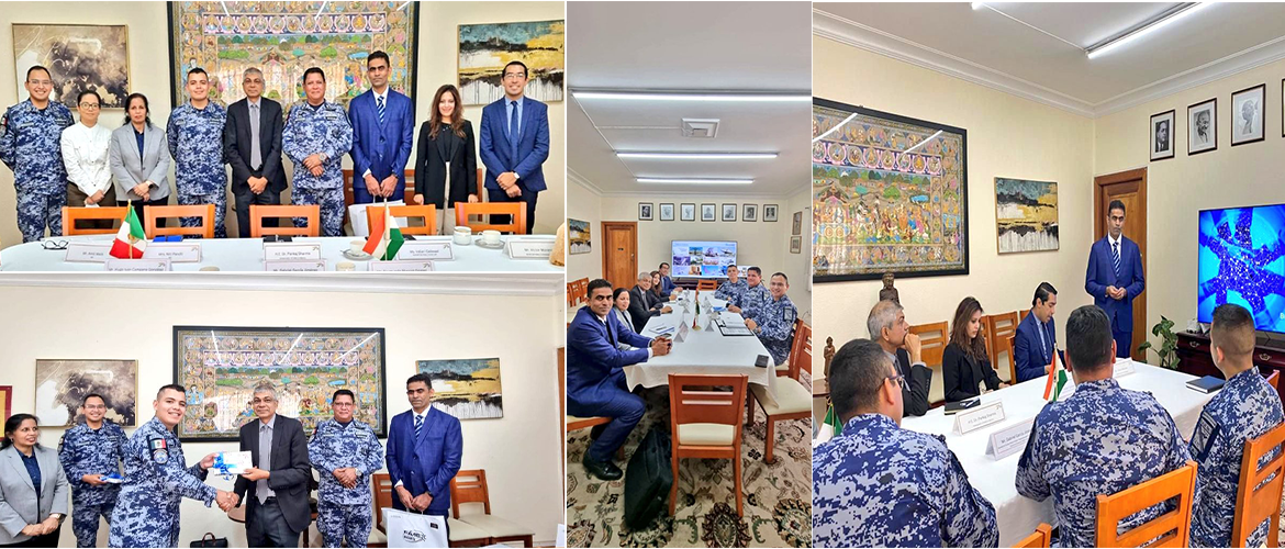  <div style="fcolor: #fff; font-weight: 600; font-size: 1.5em;">
<p style="font-size: 13.8px;">Amb. Pankaj Sharma met General Gabriel Jiménez, Executive Director of FAMEX-2025 and the representatives from Bharat Electronics Ltd. A huge potential is seen in the establishment of alliances across several sectors & further strengthening of this relation. 
 <br /><span style="text-align: center;">30 June 2023.</span></p>
</div>
