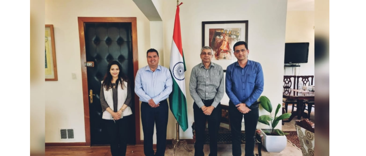  <div style="fcolor: #fff; font-weight: 600; font-size: 1.5em;">
<p style="font-size: 13.8px;">Ambassador Pankaj Sharma and Second Secretary Ms.Vallari Gaikwad  met with Mahindra & Mahindra's Country Head of Mexico Mr.Madhav Kelkar & Director, Grupo Motomex, Carlos Martínez.
 
They discussed enhancing trade & investments of their tractors & vehicles in Mexico including possible  engagements with Agricultural Universities.
<br /><span style="text-align: center;">13 May 2022</span></p>
</div>
