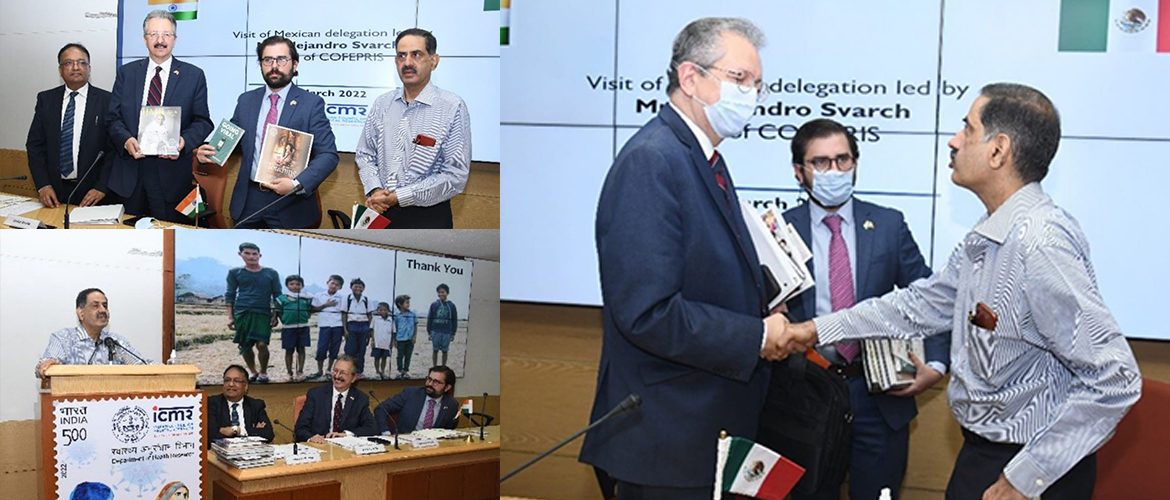  <div style="fcolor: #fff; font-weight: 600; font-size: 1.5em;">
<p style="font-size: 13.8px;">A delegation led by Mr. Alejandro Svarch, Head of COFEPRIS Mexico visited Indian Council of Medical Research & interacted with the Director General and scientists of ICMR .
This was an exploratory visit wherein both sides exchanged ideas on potential areas of collaboration in health research. 
<br /><span style="text-align: center;">30 March 2022</span></p>
</div>