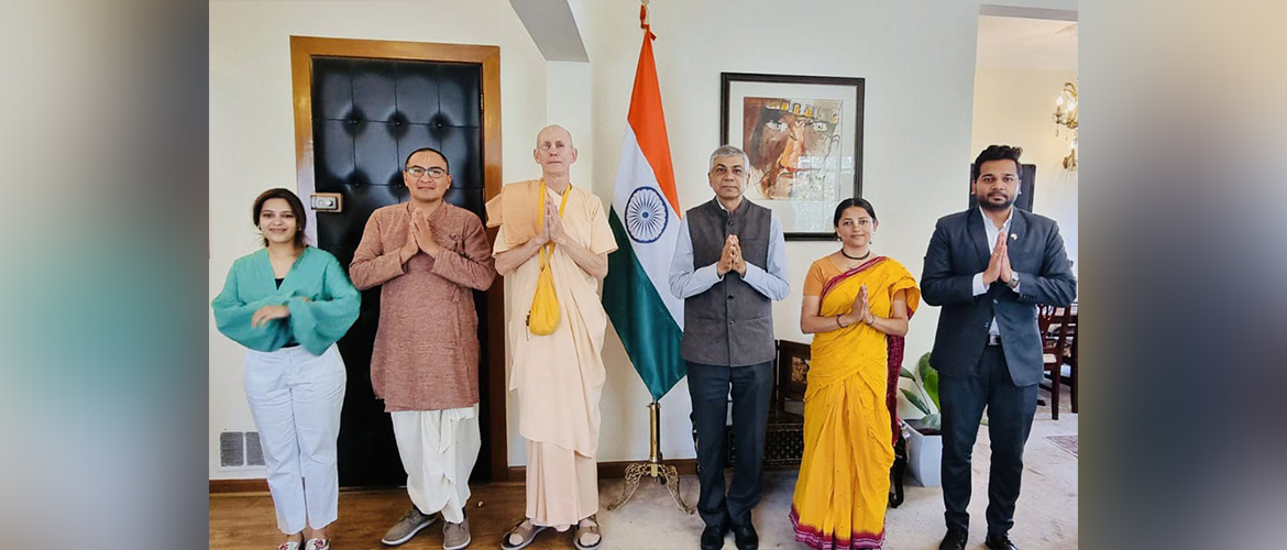  <div style="fcolor: #fff; font-weight: 600; font-size: 1.5em;">
<p style="font-size: 13.8px;">Amb. Pankaj Sharma and embassy officials  met Swami Guru Prasad from ISKCON Sri Radha Krishna temple.
Swamiji talked about the importance of devotion and service to humanity. The embassy assured him all necessary support  in his future endeavors towards this goal.
<br /><span style="text-align: center;">22 May 2023</span></p>
</div>