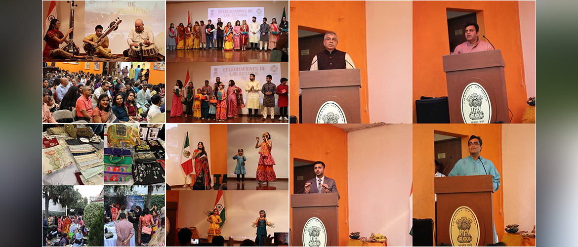  <div style="color: #fff; font-weight: 600; font-size: 1.5em;">
<p style="font-size: 13.8px;">
State day celebrations of Uttarakhand & Uttar Pradesh at the Indian Embassy, Mexico City.

More than 350 members of Indian diaspora & friends from Mexico gathered together at Embassy to celebrate the rich cultural heritage & traditions of states of Uttarakhand & Uttar Pradesh. 

The event saw mesmerizing performances by Indian diaspora & students of ICCR, Mexico showcasing the traditions of these two states. Apart from highlighting the tourism opportunities, an Indian Bazaar was also set up to exhibit the handicrafts from Uttar Pradesh & Uttarakhand.
<br /><span style="text-align: center;">10.02.2024</span></p>
</div>