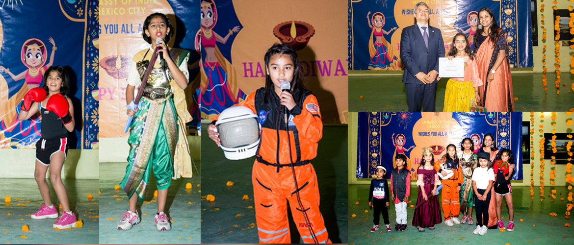  A fancy dress competition on theme 'ICONS OF INDIA' was held as part of Diwali Celebrations by Indian Embassy in Mexico. Children from Indian Community in Mexico actively participated and portrayed icons like Rani Laxmibai, Rani Karnawati, Bhagat Singh, Mary Kom, Kalpana Chawla, Lal Bahadur Shastri and even Neeraj Chopra.