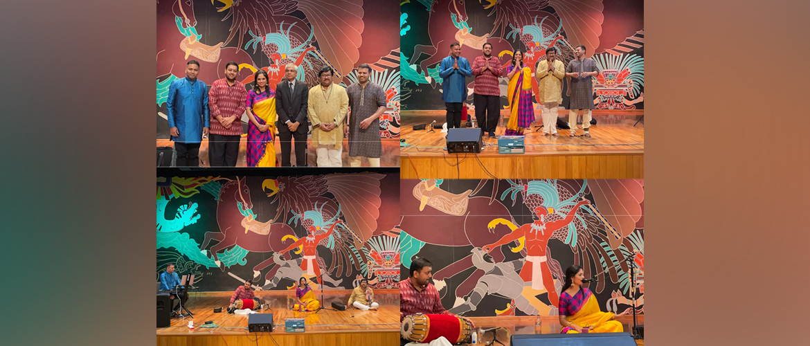  <div style="fcolor: #fff; font-weight: 600; font-size: 1.5em;">
<p style="font-size: 13.8px;">Manasi Prasad & Group brings soothing Carnatic music to Cervantino, the biggest cultural festival in Latin America!
 
Today, they mesmerized the audience at UNAM with beautiful duet of vocals and instrumentals. Ambassador Pankaj Sharma, Officials from Embassy of India, Students and faculties of UNAM enjoyed listening to the melodious ragas! 

<br /><span style="text-align: center;">12 October 2022</span></p>
</div>