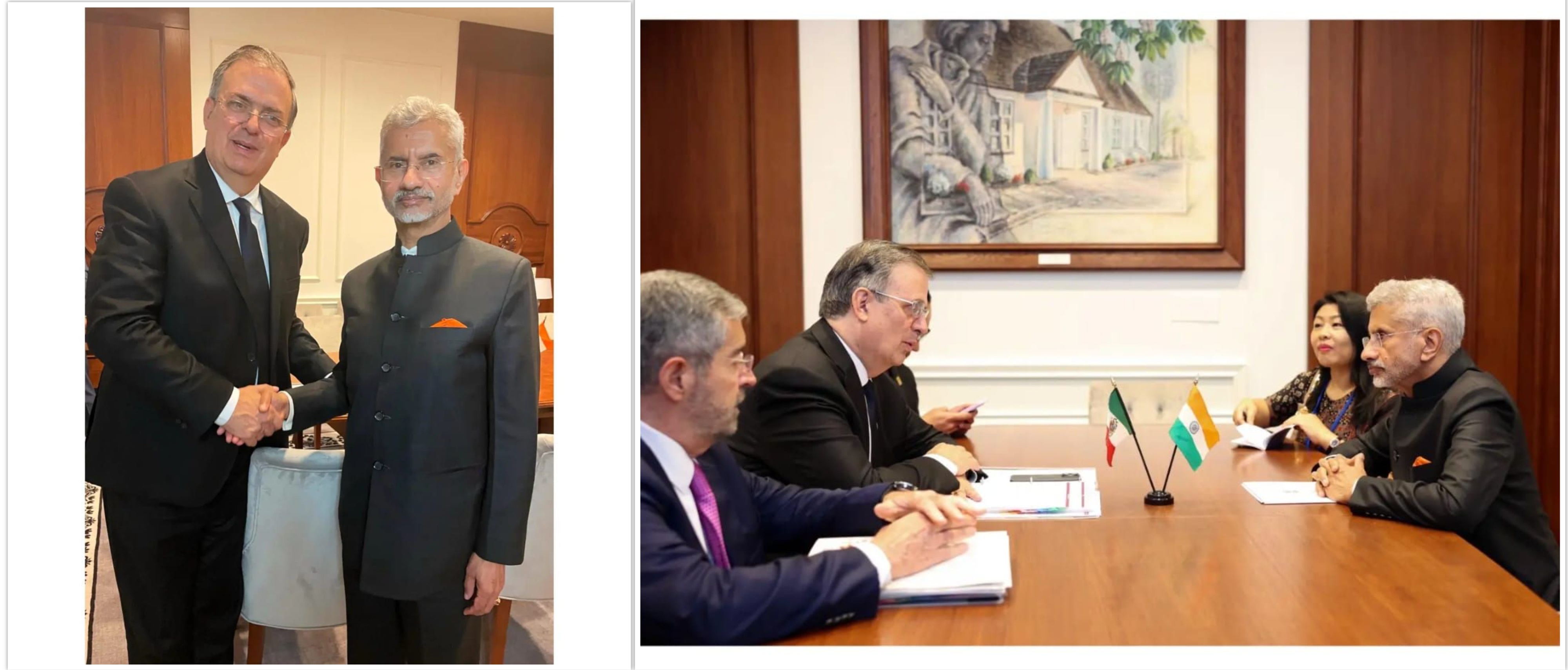  <div style="fcolor: #fff; font-weight: 600; font-size: 1.5em;">
<p style="font-size: 13.8px;">Hon'ble External Affairs Minister of India Dr S. Jaishankar had a productive meeting with Hon'ble Foreign Minister of Mexico H.E Mr. Marcelo Ebrard on the sidelines of UNGA.

Discussion focussed upon various issues including Ukraine conflict, pharmaceuticals production and India's upcoming Presidency of G-20. 
<br /><span style="text-align: center;">22 September 2022</span></p>
</div>